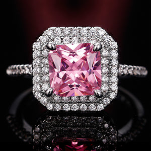 Silver Tone Pink Square Stone Halo Ring Jewelry Design