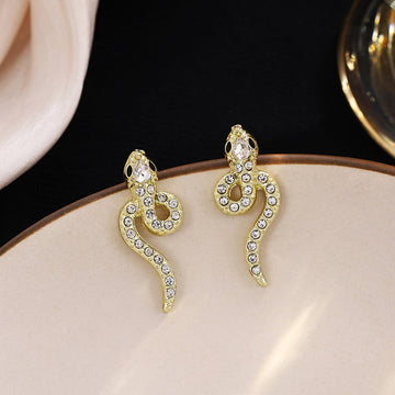 Sculpted Gold Snake Crystal Look Long Dangle Stud Earrings