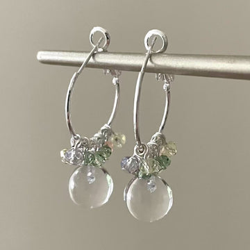 Silver Tone Hoop Earrings with Bead and Clear Drop Charms