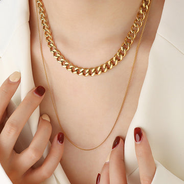 Double Layer Curb And Snake Chain Necklace Gold Steel