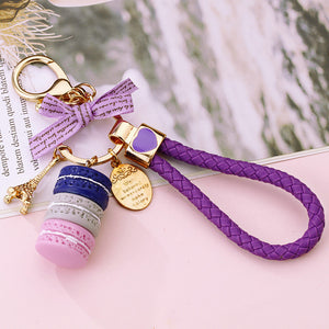 Stacked Macaron and Eiffel Tower Keychains with Braided Wrist Loops