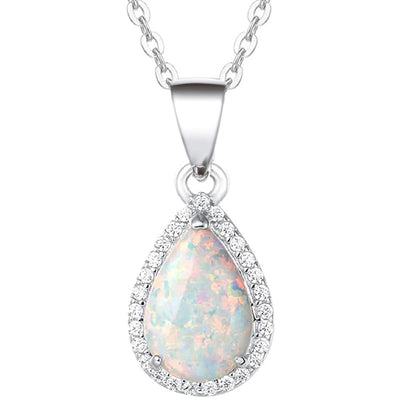 Silver opal teardrop halo pendant on chain white background