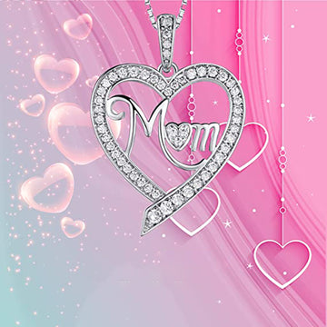 Silver Tone Crystal Heart Mom Pendant Necklace Polished Metal Jewelry
