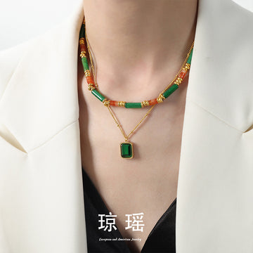 Gold Double Layer Necklace Green Tube Beads Square Pendant