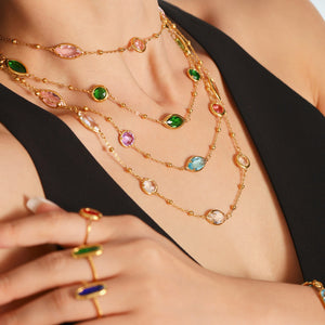 Gold Stainless Steel Czech Glass Marquise Station Necklace