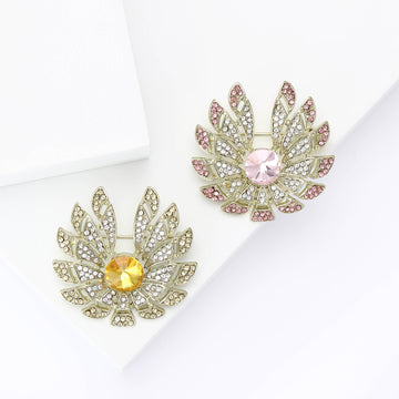 Gold Crystal Petal Flower Brooch Pink Yellow Center
