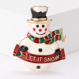 White Enamel Snowman Brooch With Let It Snow Banner