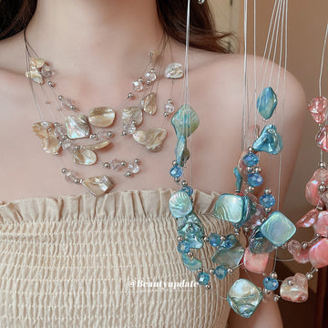 Multi Strand Shell Chip Crystal Bead Necklace Cream