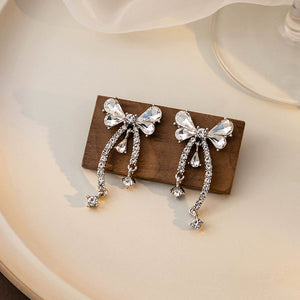 Zinc Alloy Silver-Tone Bow Earrings with Crystal Chain Drops