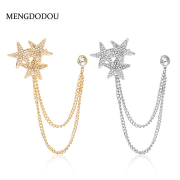 Pave Crystal Double Star Chain Brooch Gold Silver Finishes