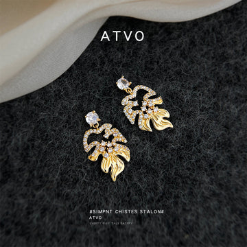 Gold Openwork Leaf Zircon Drop Earrings Pair Jewelry