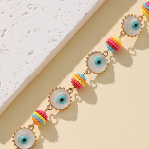 Evil Eye Charm Bracelet Gold Tone Chain Multicolor Seed Beads