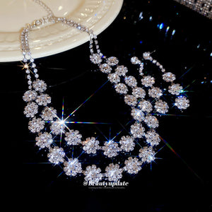 Silver Double Layer Rhinestone Flower Necklace Earrings Set