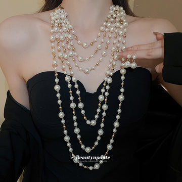 Multi Strand Pearl Gold Bead Necklace Pearl Drop Earrings