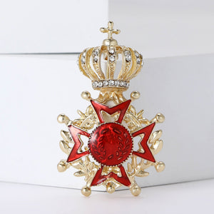 Crown and Red Star Medal Brooch with Crystal Details