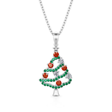 White Gold Christmas Tree Pendant Necklace Color Stones