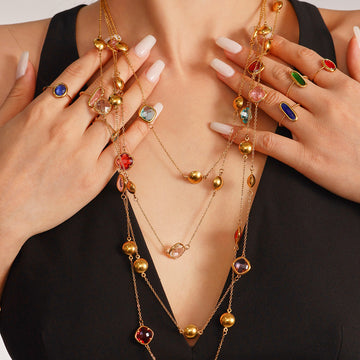 Gold Stainless Steel Long Czech Glass Station Necklace 80cm