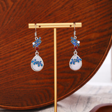 Blue Floral Knot White Scenic Teardrop Hook Earrings