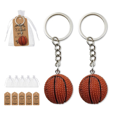 3D basketball keychains with organza bags and kraft thank-you tags