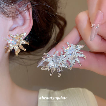 Radiating Crystal Flower Stud Earrings in Two Metal Tones