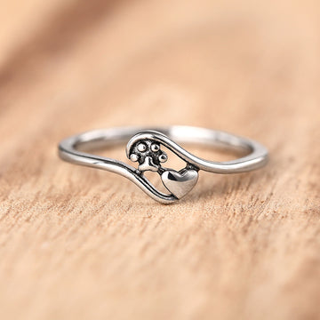 Heart And Tree Motif Ultra-Slim Ring In Silver Tone