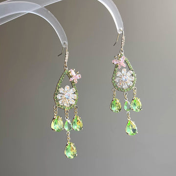 Floral Crystal Teardrop Earrings and Necklace with Polished Metal Details