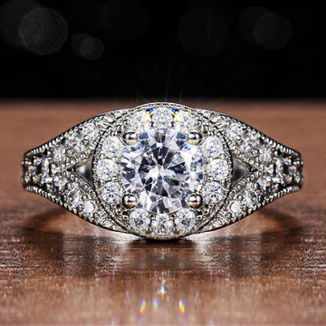 Silver Tone Round Cluster Clear Stone Wide Shoulder Ring