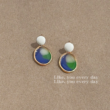 White Disc Blue Green Enamel Oval Drop Earrings Gold Frame