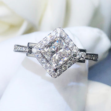 Silver Tone Diamond Halo Crystal Ring with Polished Finish