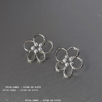 Silver Tone Open Five Petal Flower Pearl Center Stud Earrings