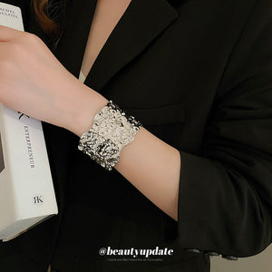 Irregular Hammered Wide Open Cuff Bracelet In Silver Or Gold Tone