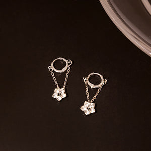Gold-Tone Brass Hoop Earrings with Double Chain and Flower Drop