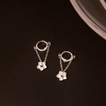 Gold Tone Double Chain and Clear Flower Hoop Earrings