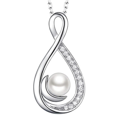 Front view of infinity-shaped pendant with a pearl-look drop