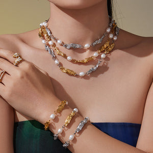 Freshwater Pearl Stainless Steel Irregular Link Necklace Bracelet