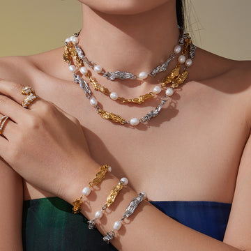 Freshwater Pearl Stainless Steel Irregular Link Necklace Bracelet