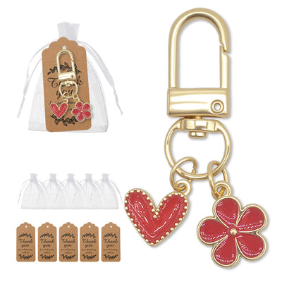 Gold red heart flower keychain with bags and kraft tags