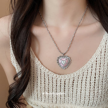 Pink Heart Pendant Necklace with Silver Tone Chain