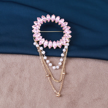 Crystal Circle Brooch with Pearl and Draped Chains