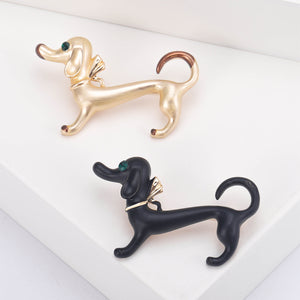 Alloy Enamel Dachshund Brooch with Bow Collar, Black or Gold