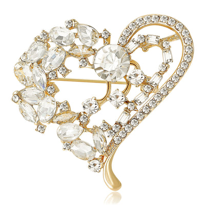 Main front view of Open Heart Floral Crystal Brooch In Gold And Silver Tones
