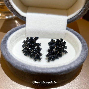 Black Crystal Floral Cluster Stud Earrings For Distinctive Statement Styling