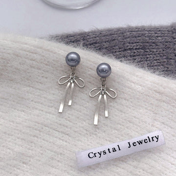 Gray Pearl Stud Earrings With Detachable Silver Bow