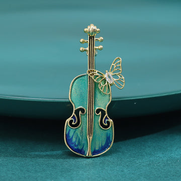 Enamel Cello and Butterfly Brooch for Jackets Scarves and Coats