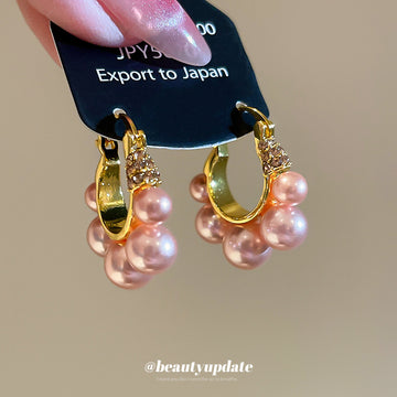 Pink Faux Pearl Cluster Huggie Earrings With Decorative Metal Details