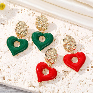 Gold Tone Red and Green Open Heart Drop Stud Earrings