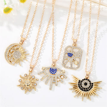 Gold Tone Crystal Sun Moon and Evil Eye Pendant Necklaces