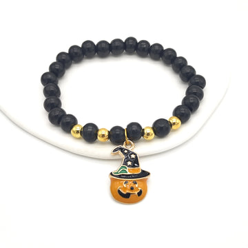 Black Bead Gold Spacer Pumpkin Wizard Stretch Bracelet