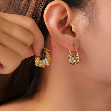 Wavy Metal Hoop Earrings Sea Shell Inlay Gold Silver