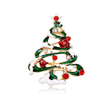 Green Christmas Tree Brooch Pin with Crystal Accents